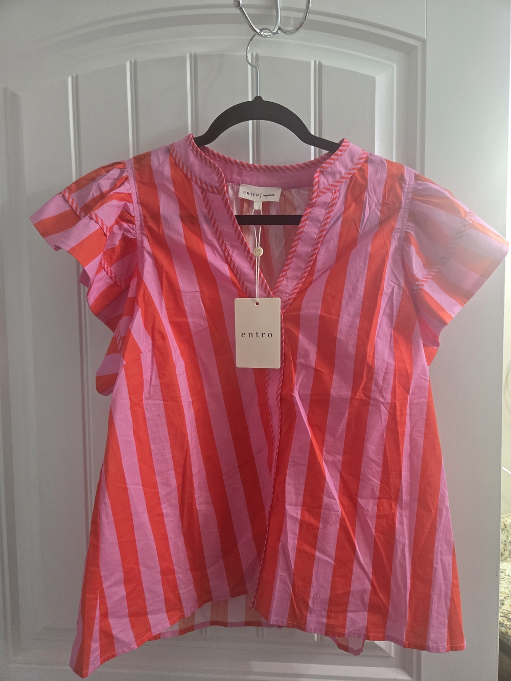 entro Pink and Red Striped Flutter Sleeve Blouse